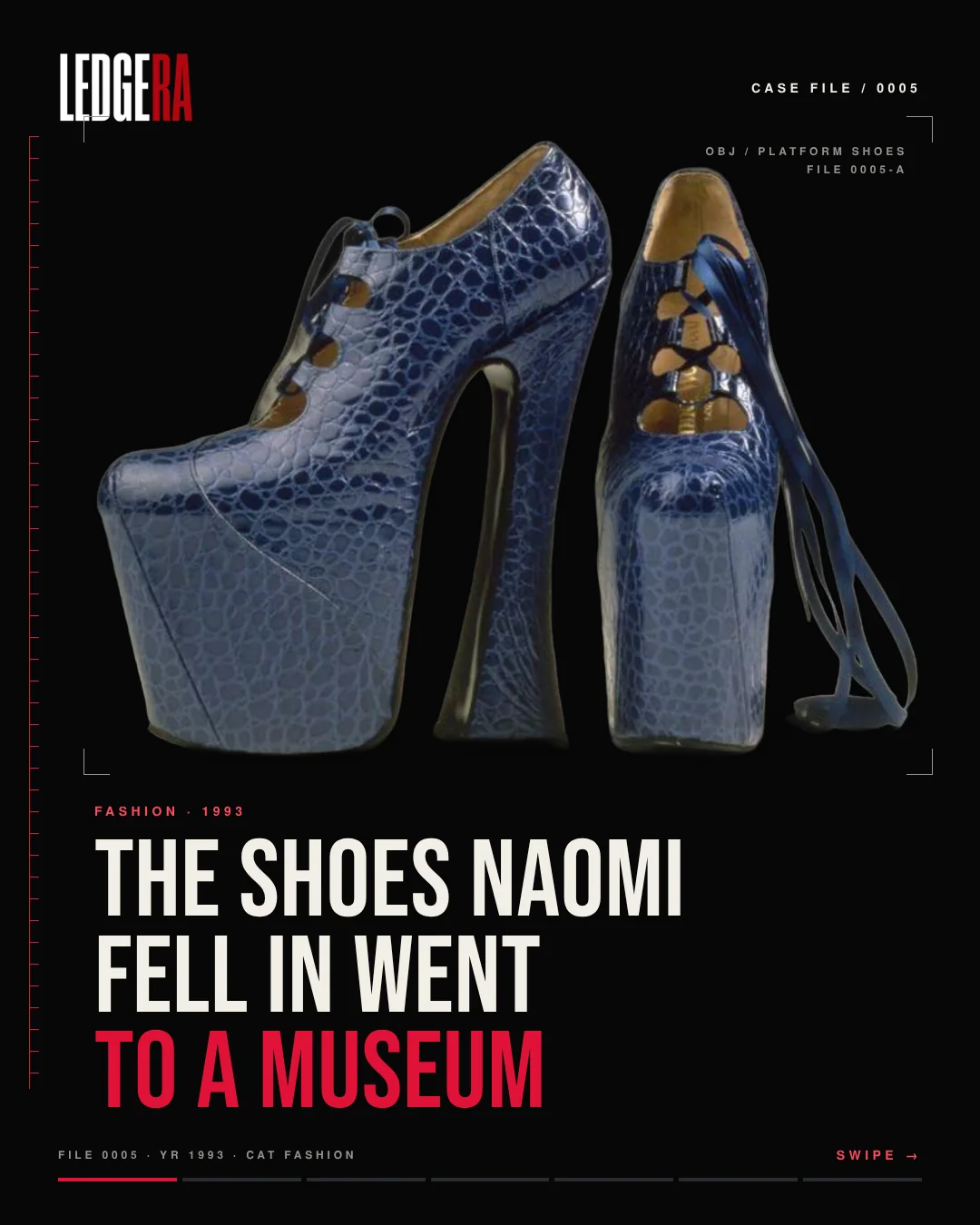 LEDGERA Case File 0005: The shoes Naomi fell in went to a museum, frame 1 of 7