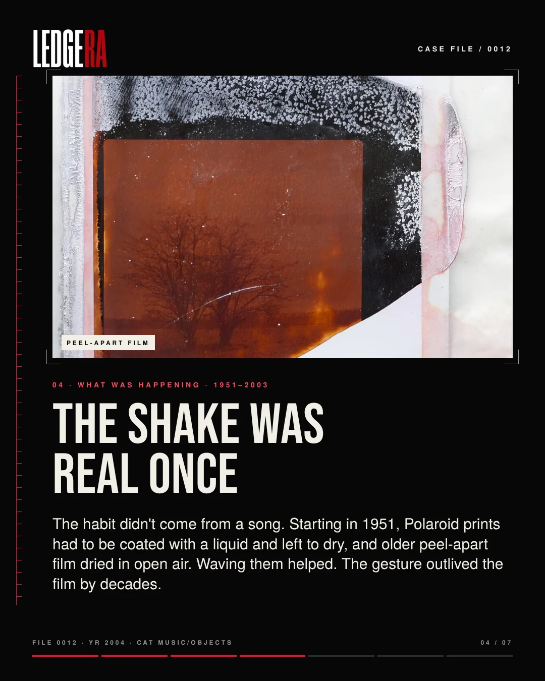 LEDGERA Case File 0012: Polaroid asked you to stop shaking it, frame 4 of 7